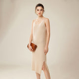 Womens Pure Cashmere Slip Dress Sleeveless V Neck Cashmere Dresses Beige XS