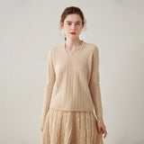 Womens V Neck Cashmere Sweater Long Sleeve Cashmere Pullover Beige XS
