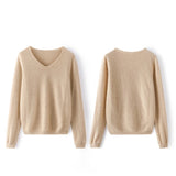 Womens V - Neck Cashmere Sweater Long Sleeve Warm Cashmere Sweater Beige XS