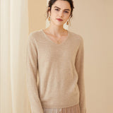 Womens V - Neck Cashmere Sweater Long Sleeve Warm Cashmere Sweater Beige XS