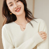 Womens V Neck Cashmere Sweater Rib Knit Cashmere Pullover Tops Ivory XS