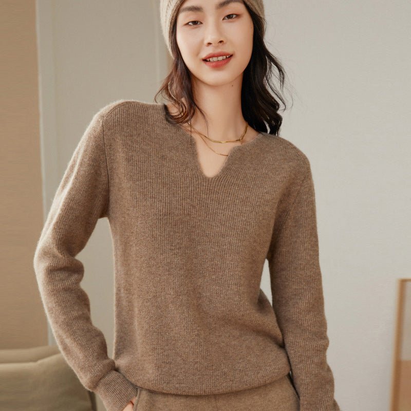 Womens V Neck Cashmere Sweater Rib Knit Cashmere Pullover Tops Taupe XS