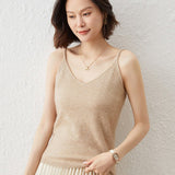 Womens V Neck Cashmere Tank Tops Spaghetti Straps Cashmere Vest Camel XS