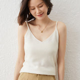 Womens V Neck Cashmere Tank Tops Spaghetti Straps Cashmere Vest Ivory XS