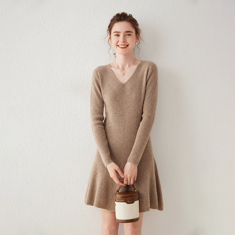Womens V Neck Ribbed Cashmere Sweater Dress A Line Cashmere Knit Dress Taupe XS