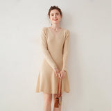Womens V Neck Ribbed Cashmere Sweater Dress A Line Cashmere Knit Dress Beige XS