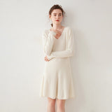 Womens V Neck Ribbed Cashmere Sweater Dress A Line Cashmere Knit Dress Ivory XS