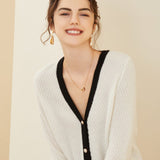 Womens Contrast Trim Knit Cashmere Cardigan V Neck Button - up Coat Ivory XS
