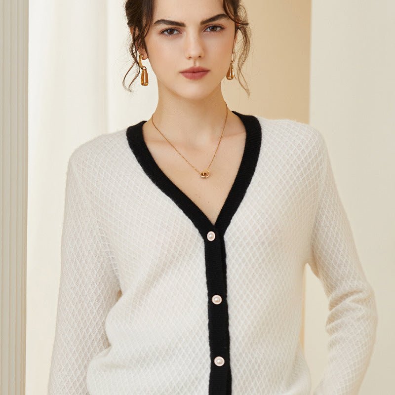 Womens Contrast Trim Knit Cashmere Cardigan V Neck Button - up Coat Ivory XS