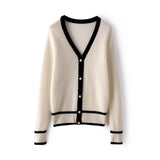 Womens Contrast Trim Knit Cashmere Cardigan V Neck Button - up Coat Ivory XS