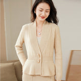 Womens Shawl - Collar Cable Knit Cashmere Cardigan V - Neck Button Coat Beige XS