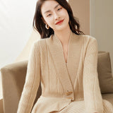 Womens Shawl - Collar Cable Knit Cashmere Cardigan V - Neck Button Coat Taupe XS