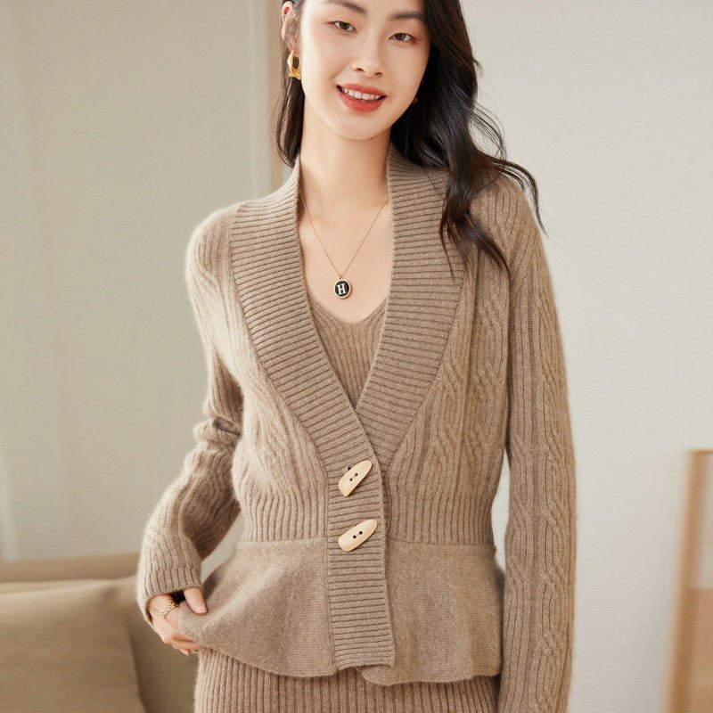Womens Shawl - Collar Cable Knit Cashmere Cardigan V - Neck Button Coat Taupe XS