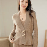 Womens Shawl - Collar Cable Knit Cashmere Cardigan V - Neck Button Coat Taupe XS
