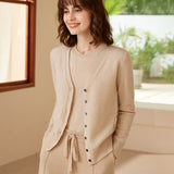 Womens V - Neck Button - Up Pure Cashmere Cardigan Knitted Cashmere Coat Beige XS