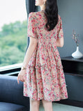 Womens Vintage Inspired Silk Floral Midi Dress Pink Silk Dress Pink XS