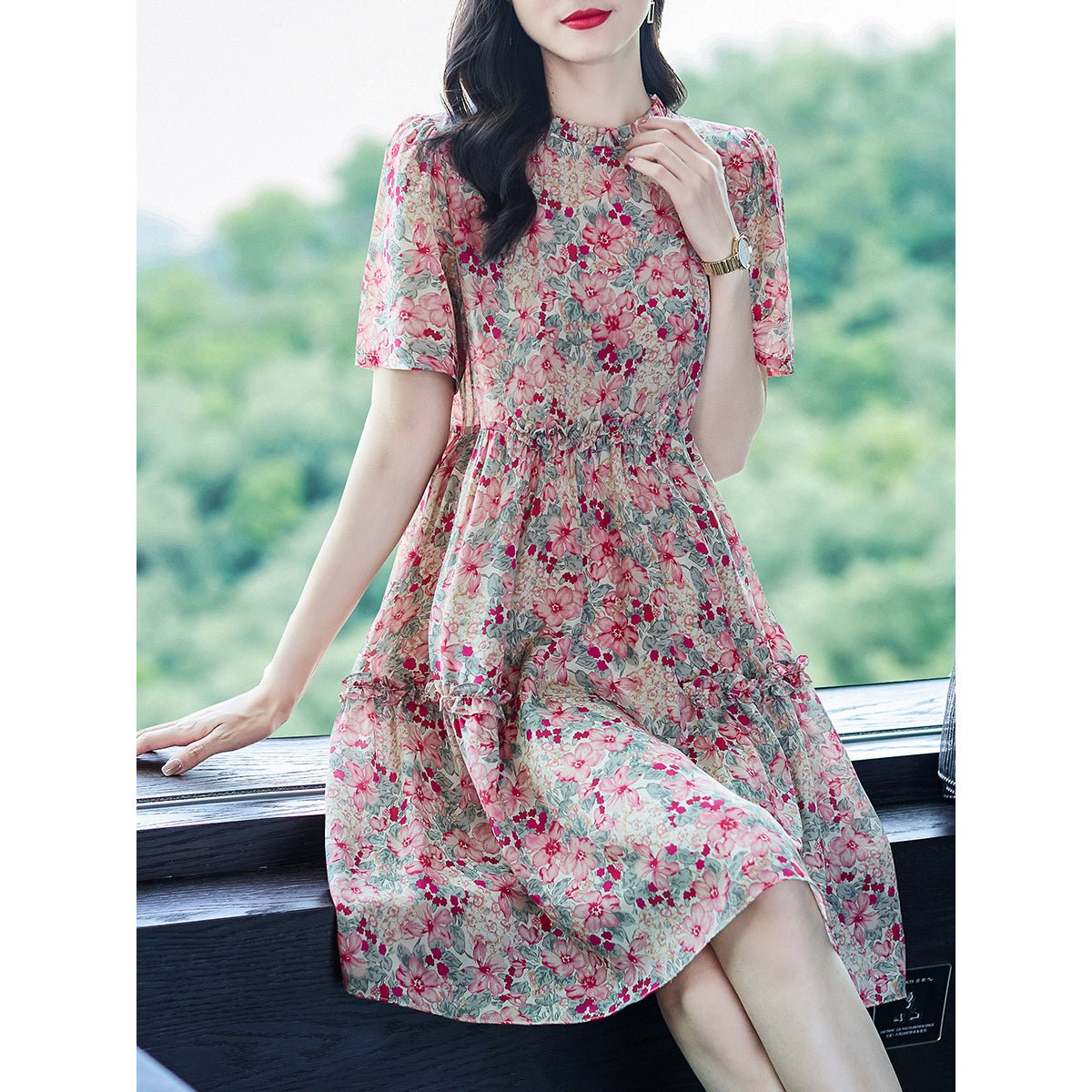 Womens Vintage Inspired Silk Floral Midi Dress Pink Silk Dress Pink XS