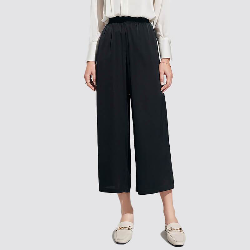 Womens Wide Leg Silk Pants Cropped Pants Casual Work Pants Black XS