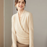 Long Sleeves V - neck Cashmere Wrap Sweater For Women Beige XS