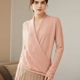 Long Sleeves V - neck Cashmere Wrap Sweater For Women Pink XS