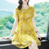 Womens Yellow Ruffled Silk Dress Watercolor Floral Short Silk Dress Yellow XS