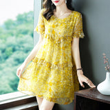 Womens Yellow Ruffled Silk Dress Watercolor Floral Short Silk Dress Yellow XS